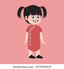 Cute Chinese Girl with Twin tail Black Hair cartoon Happy suitable for education purpose