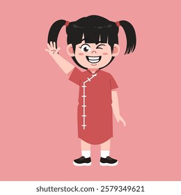 Cute Chinese Girl with Twin tail Black Hair cartoon wave hand say hello suitable for education purpose