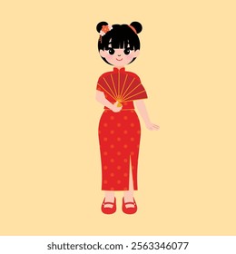 Cute Chinese Girl Wearing Chinese Dress Holding Chinese Fan illustration