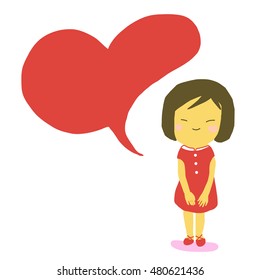 Cute Chinese girl wearing red dress with heart shape message balloon. vector illustration. greeting card. 