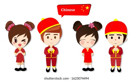 Cute Chinese Girls and Boy in chinese costume, Chinese Kid cartoon character, Chinese New Year, Vector illustration.