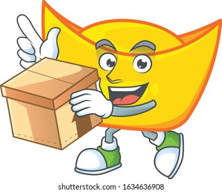 Cute chinese gold ingot cartoon character having a box