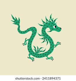 Cute Chinese green dragon hand drawn vector illustration. Isolated Asian mythology animal in flat style for poster or logo.	