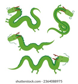 Cute Chinese green long dragons collection. Set of dragon characters in various poses. Minimal childish hand drawn style vector art