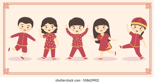 Cute Chinese Kids Boy Girl Costume Set, Chinese New Year Cartoon Vector Illustration with Frame