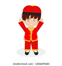 Cute Chinese Kids Costume coming celebration Chinese New Year. vector 