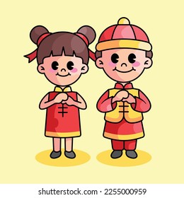 Cute Chinese Kids With Traditional Costume Cartoon Vector Mascot Icon Illustration