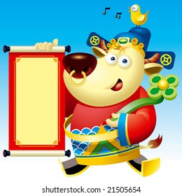 Cute Chinese Lunar OX wearing traditional costume carry a giant jude stick with a fortune banner and a bird singing on top of the hat wish you Happy Chinese New Year.