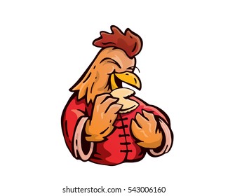 Cute Chinese New Year 2017 Rooster Character Eating Fortune Cookies Illustration 