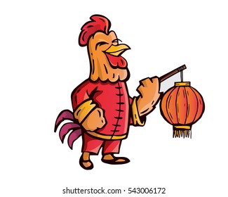 Cute Chinese New Year 2017 Rooster Character Holding A Lantern Illustration 