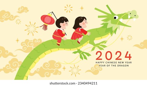 Cute chinese new year 2024 greetings card children with dragon vector illustration. Kids riding chinese dragon and holding paper lantern.