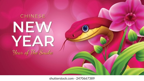 Cute Chinese new year 2025 banner design with red snake and pink orchid flower background