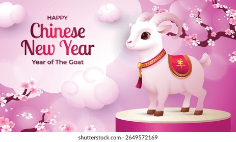 Cute Chinese New Year 2027 Banner with Cute 3D Goat or sheep with pink color background. Translation : Goat