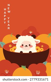 Cute Chinese New Year 2027 Year of the Goat greeting card vector. Design for Lunar New Year poster, festive banner, holiday invitation, zodiac celebration and red gold background.
