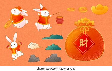 Cuta colección de animales y objetos de año nuevo china, incluyendo monedas de oro, rocas, arbustos, lindos conejillos y bolsos con carácter chino, fortuna. Aislado en un fondo naranja.