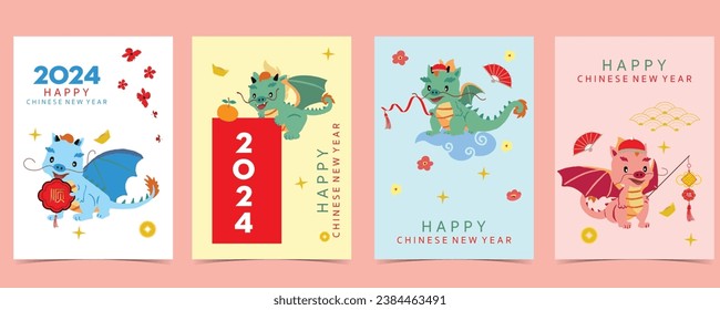 süßer chinesischer Neujahrshintergrund mit Laterne, Drache.Bearbeitbare Vektorgrafik für die Kinderpostkarte, a4-groß
