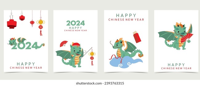 cute Chinese New Year background with lantern,dragon.Editable vector illustration for kid postcard,a4 size