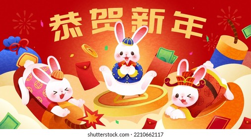 Cute Chinese new year banner. Illustrated rabbits on giant new year decoration. Concept of year of the rabbit. Text: Happy new year.