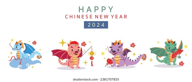 cute Chinese New Year banner with lantern,dragon.Editable vector illustration for kid design