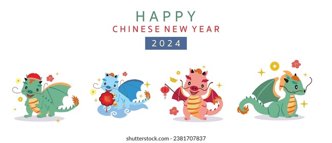 cute Chinese New Year banner with lantern,dragon.Editable vector illustration for kid design