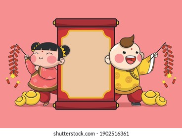 cute chinese new year boy and girl and scroll