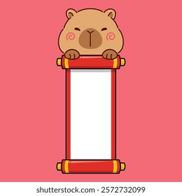 Cute Chinese New Year Capybara Cartoon Character With Scoll