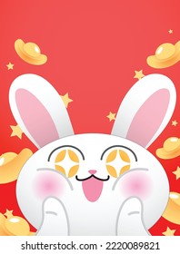 Cute chinese new year card with rabbit and gold sycees ingots. Spring festival or lunar new year vector greeting card. Year of the rabbit 2023 celebration.