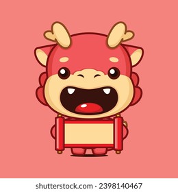 Cute Chinese New Year Dragon Zodiac Cartoon Character Holding Scroll Banner