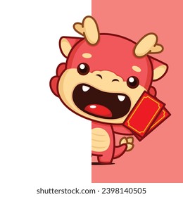 Cute Chinese New Year Dragon Zodiac Cartoon Character With Red Money Envelope Behind A Wall