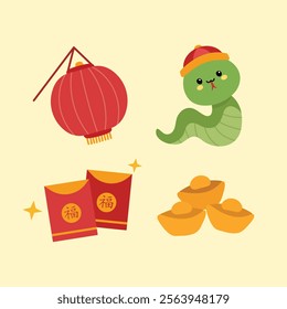 Cute Chinese New Year Element Lantern Snake Red Pocket Gold Flat Illustration