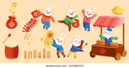 Cute Chinese new year elements including cartoon rabbits, fortune bag, drum and traditional vending cart. Text: Spring.