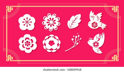 cute chinese new year flower and bird elements