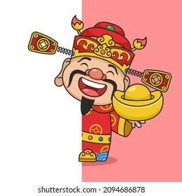 Cute Chinese New Year Fortune God Holding Gold Money Behind Wall