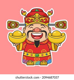Cute Chinese New Year Fortune God Holding Two Gold Money
