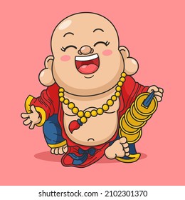 Cute Chinese New Year Fortune God Laughing Buddha Holding Gold Coins