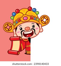 Cute Chinese New Year Fortune God Holding Scroll Banner Behind A Wall
