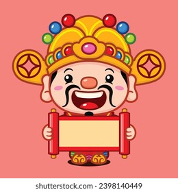 Cute Chinese New Year Fortune God With Scroll Banner