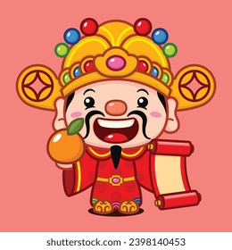 Cute Chinese New Year Fortune God Holding Orange And Scroll Banner