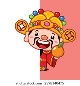 Cute Chinese New Year Fortune God Holding Orange Behind A Wall