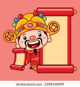 Cute Chinese New Year Fortune God Holding Scroll Banner Behind A Big Scroll Banner