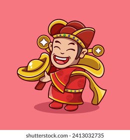 Cute Chinese New Year Fortune God Holding Gold Money. Chinese new year. Cartoon cute God of wealth holding gold 