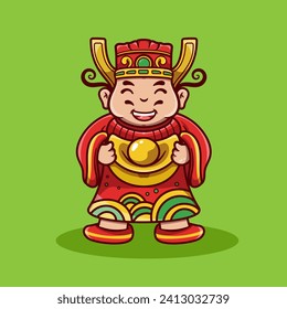 Cute Chinese New Year Fortune God Holding Gold Money. Chinese new year. Cartoon cute God of wealth holding gold 