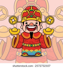 Cute Chinese New Year Fortune God Holding Gold Money Ingots