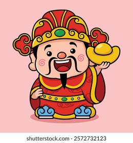 Cute Chinese New Year Fortune God Holding A Gold Money Ingot