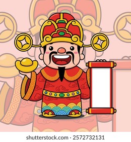 Cute Chinese New Year Fortune God Holding Gold Money Ingot And Scroll