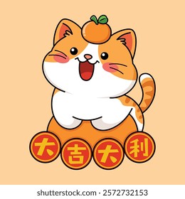 Cute Chinese New Year Fortune Cat With Tangerine On Its Head The Chinese Translation Means Good Fortune