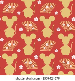 Cute chinese New year of the rat seamless vector pattern illustration with gold mouse silhouette design and oriental folding fans with flowers on red background 