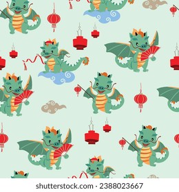 cute Chinese New Year seamless with lantern,dragon.Editable vector illustration for kid design