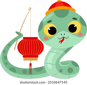 Personagem chinês bonito do desenho animado da cobra do ano novo com lanterna. Design Plano De Ilustração De Vetor Isolado Em Plano De Fundo Transparente