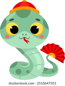 Cute Chinese New Year Snake Cartoon Character Holding A Fan. Vector Illustration Flat Design Isolated On Transparent Background